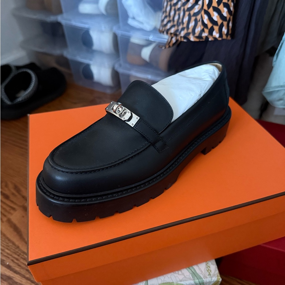 Hermes Black Leather Loafers with Silver Accent